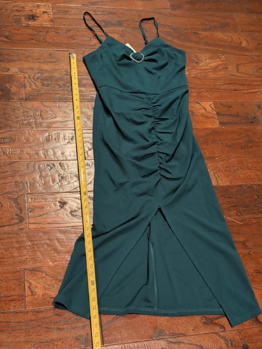 Grace Karin Teal Ruched Midi Dress with Heart Ring - Picture 10 of 12